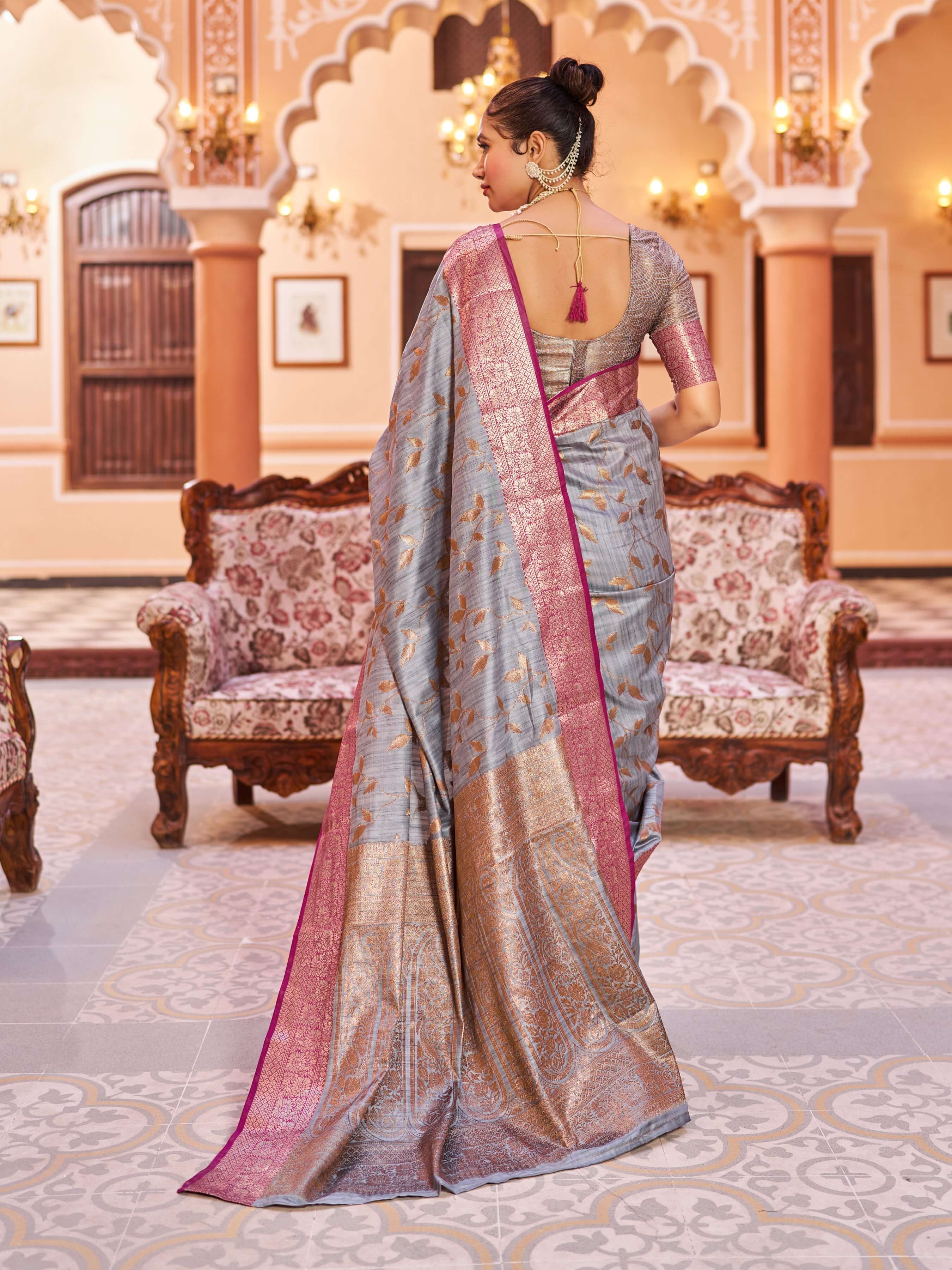 Pretty Grey Soft Banarasi Silk Saree With Phenomenal Blouse Piece