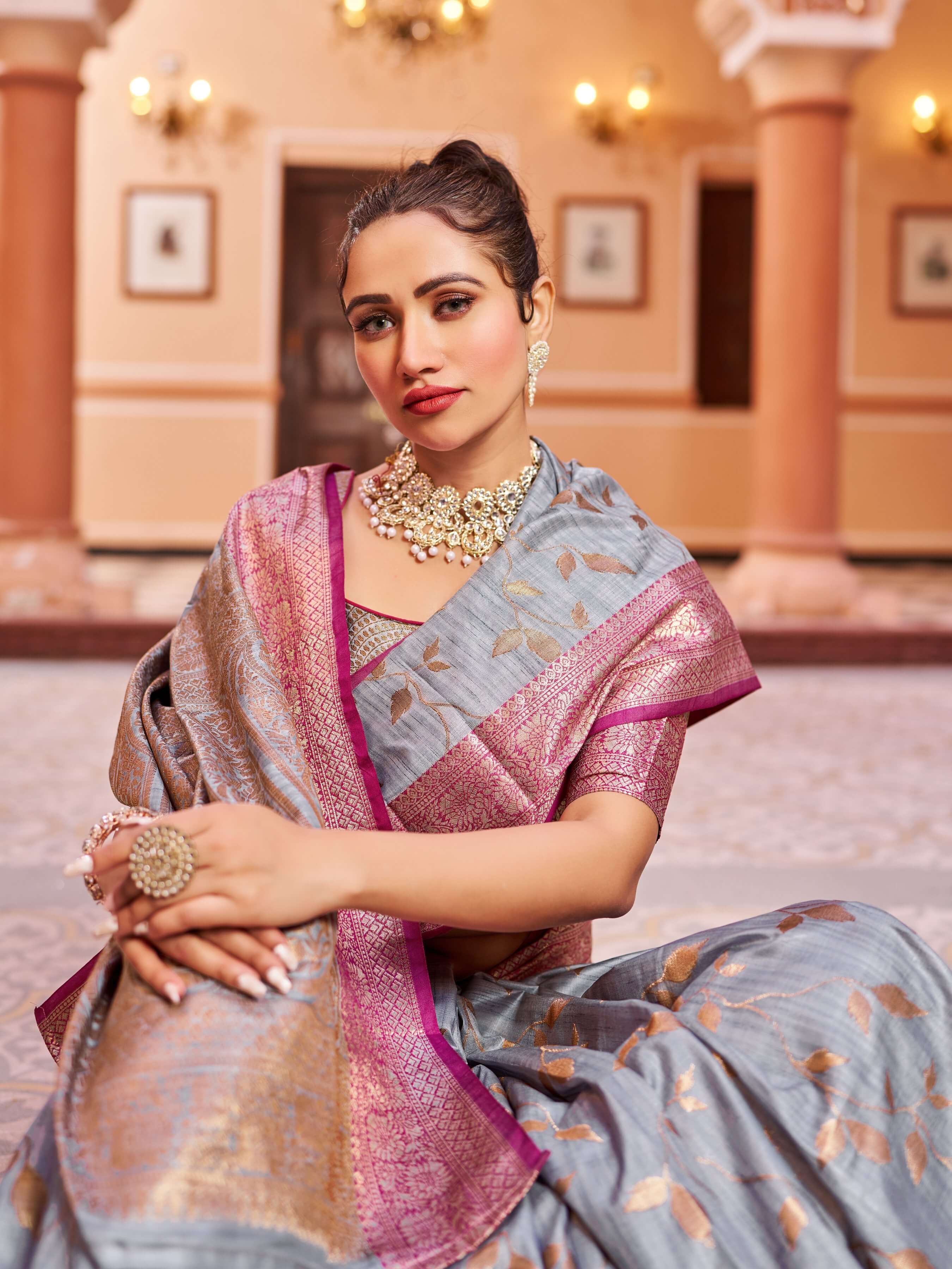 Pretty Grey Soft Banarasi Silk Saree With Phenomenal Blouse Piece