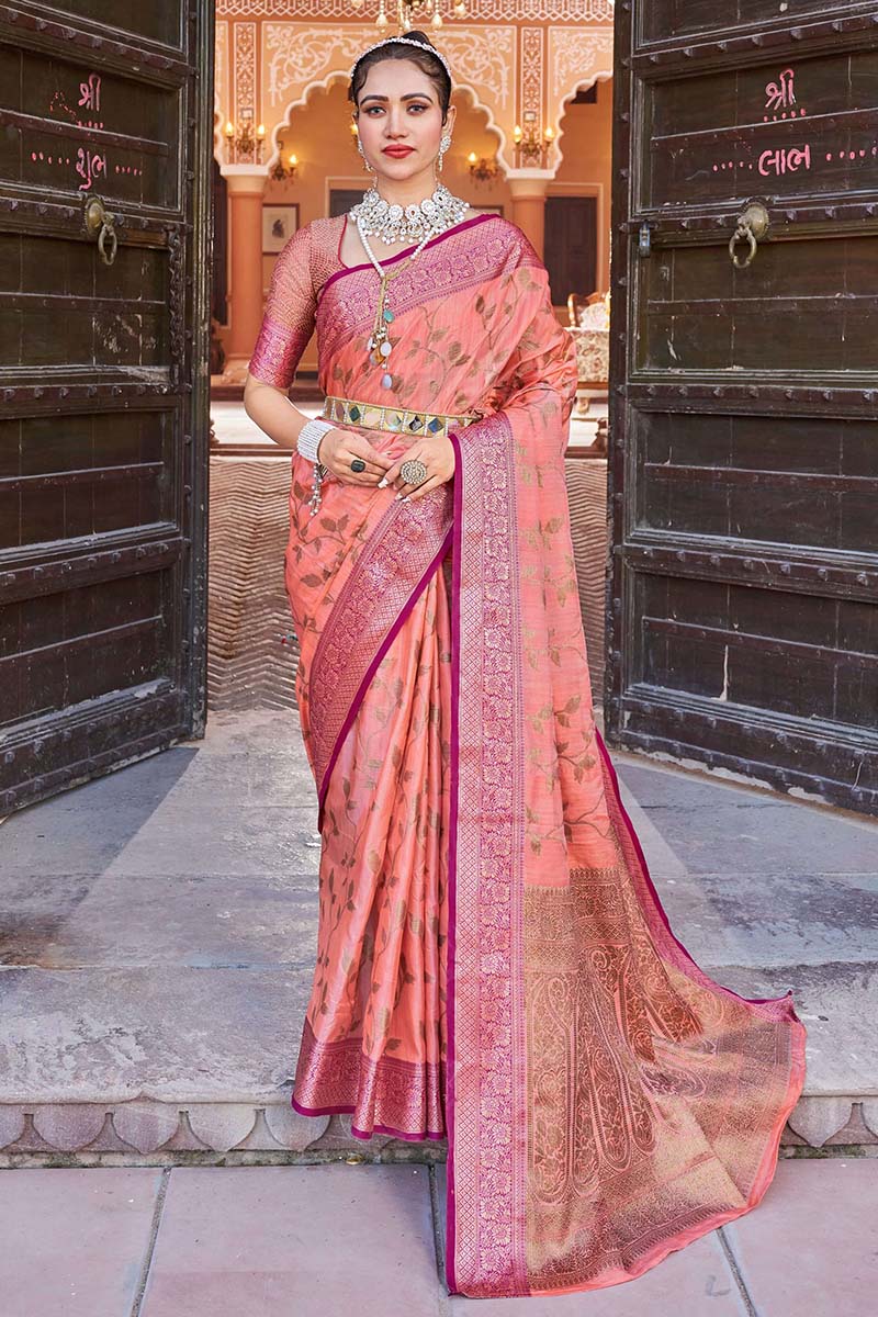 Amazing Peach Soft Banarasi Silk Saree With Gratifying Blouse Piece