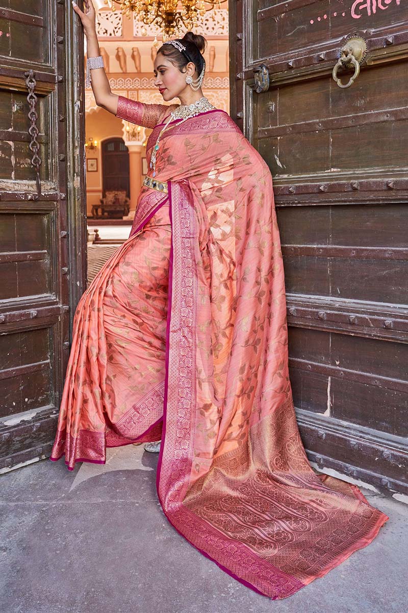 Amazing Peach Soft Banarasi Silk Saree With Gratifying Blouse Piece