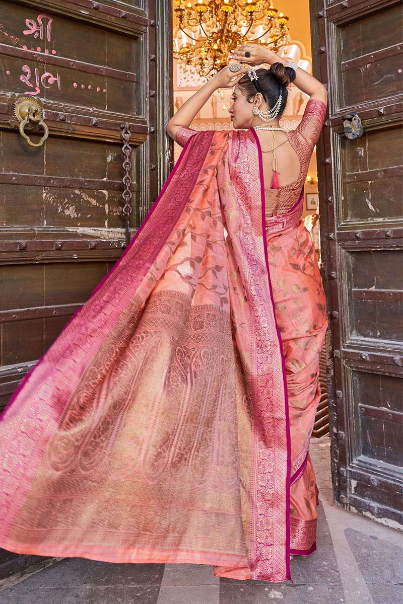 Amazing Peach Soft Banarasi Silk Saree With Gratifying Blouse Piece