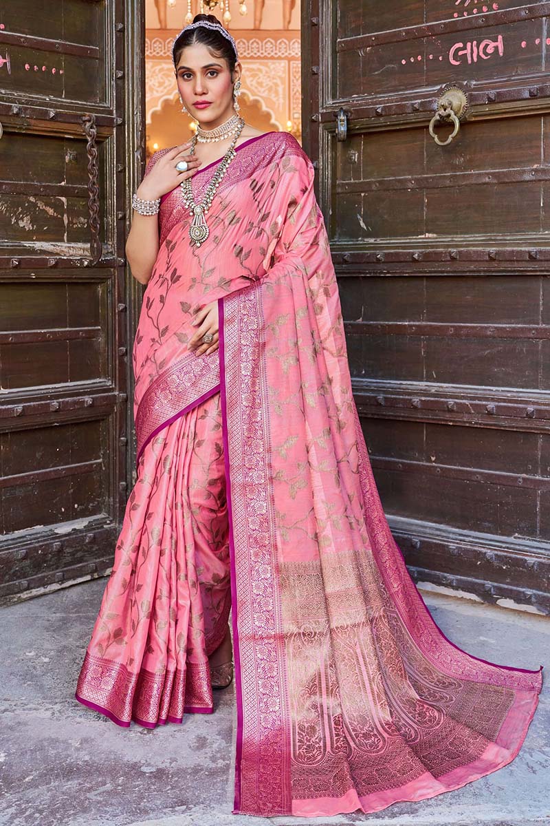 Flattering Pink Soft Banarasi Silk Saree With Dazzling Blouse Piece