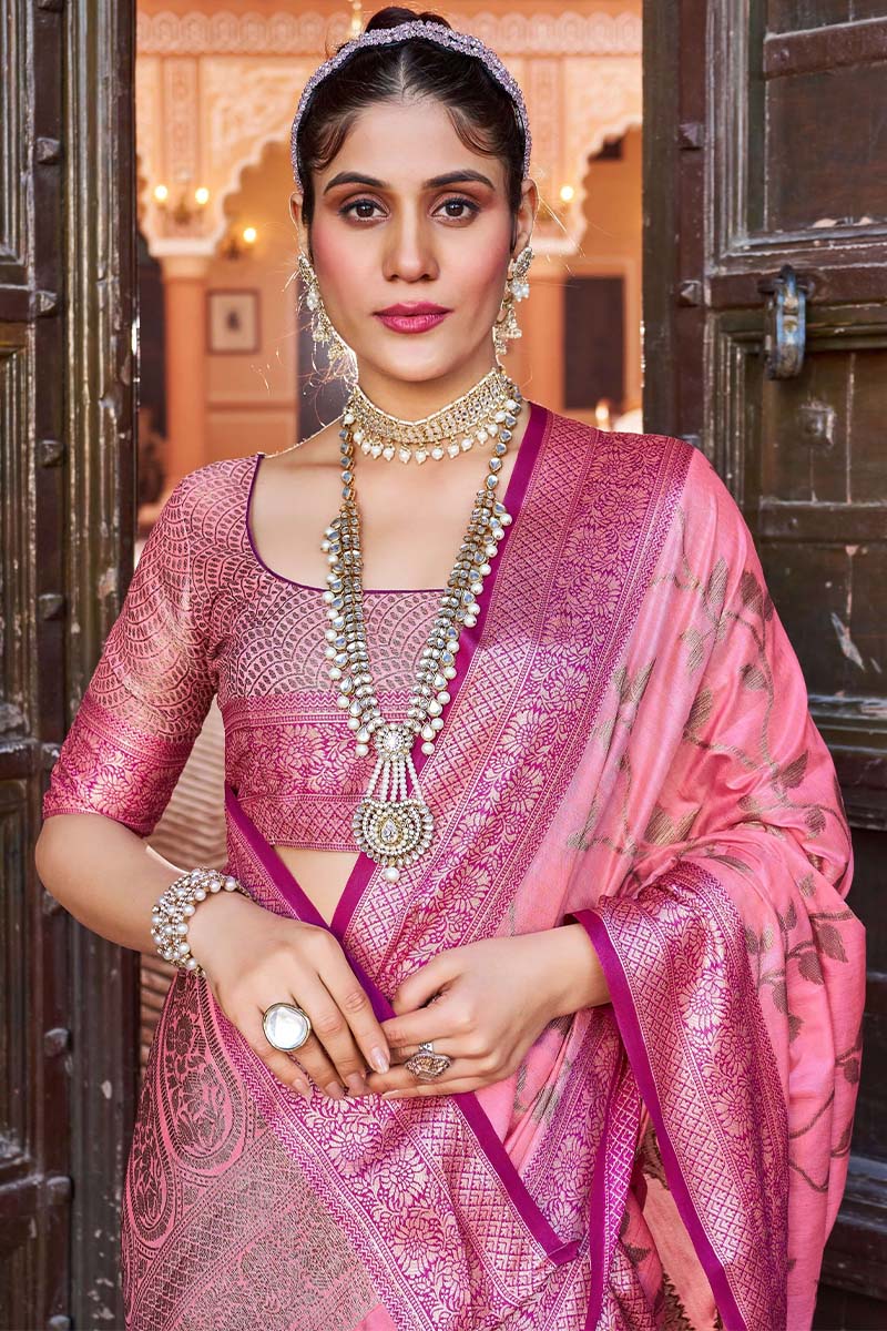 Flattering Pink Soft Banarasi Silk Saree With Dazzling Blouse Piece