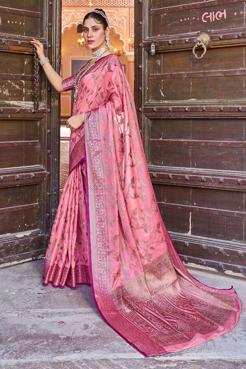 Flattering Pink Soft Banarasi Silk Saree With Dazzling Blouse Piece