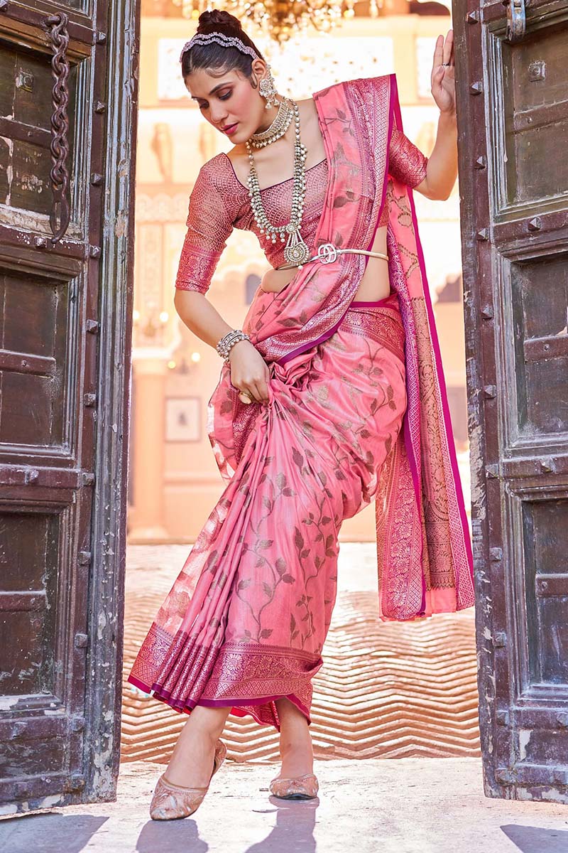 Flattering Pink Soft Banarasi Silk Saree With Dazzling Blouse Piece