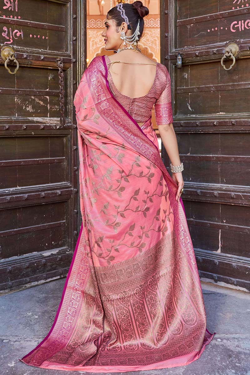 Flattering Pink Soft Banarasi Silk Saree With Dazzling Blouse Piece