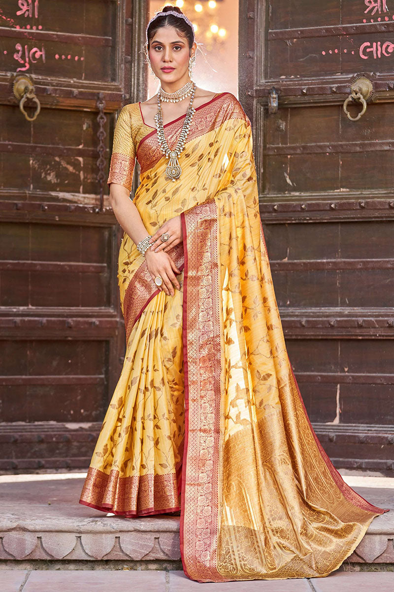 Elegant Yellow Soft Banarasi Silk Saree With Unique Blouse Piece