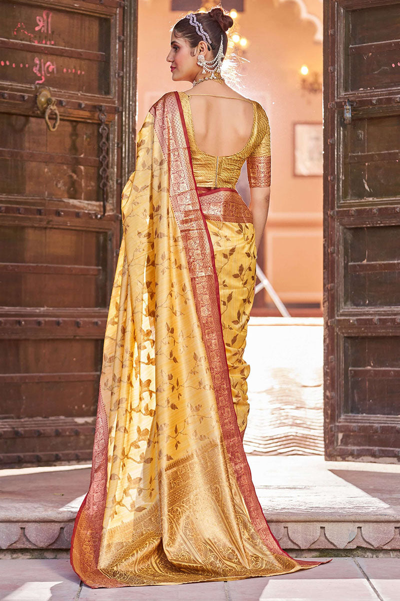 Elegant Yellow Soft Banarasi Silk Saree With Unique Blouse Piece