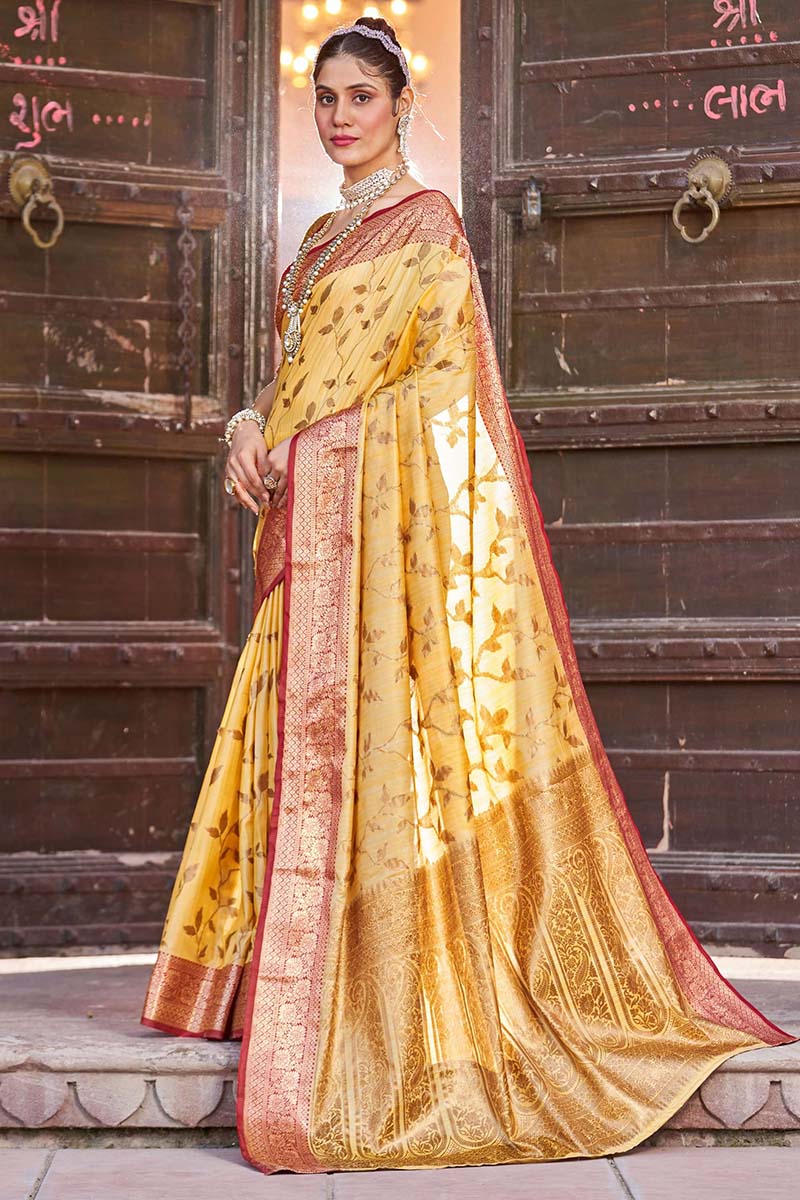 Elegant Yellow Soft Banarasi Silk Saree With Unique Blouse Piece