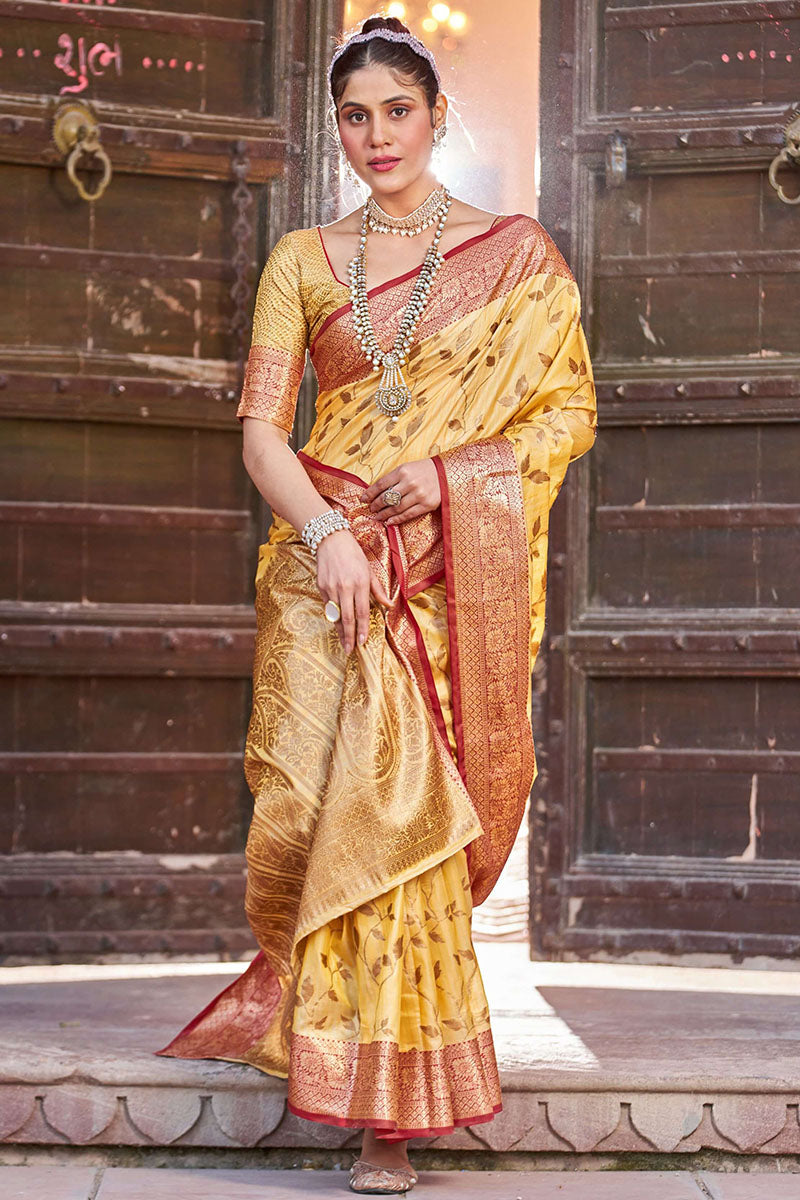 Elegant Yellow Soft Banarasi Silk Saree With Unique Blouse Piece