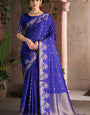 Flamboyant Royal Blue Pure Zari Weaving Banarasi Silk Saree With Breathtaking Blouse Piece