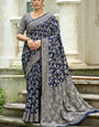 Magnificat Navy Blue Lucknowi Silk Saree With Phenomenal Blouse Piece