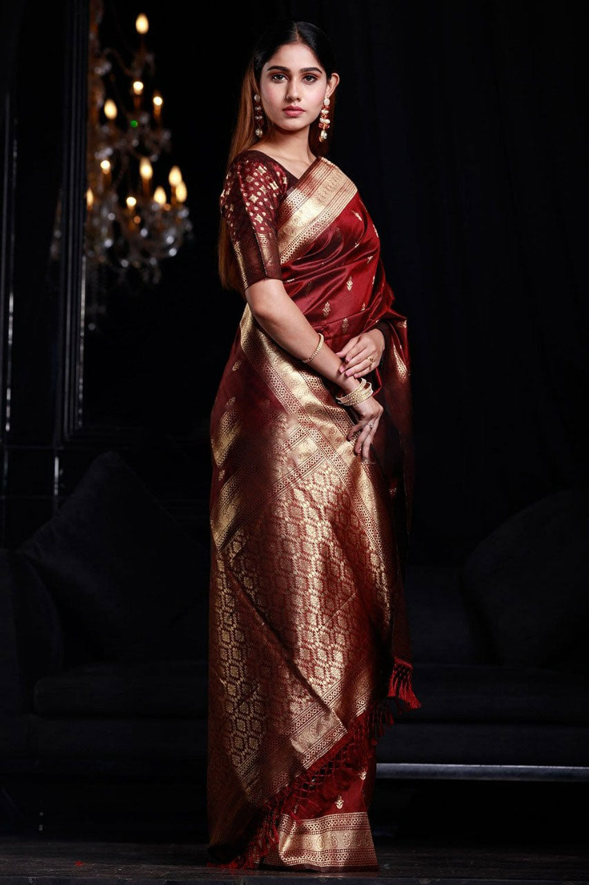 Opulent Maroon Banarasi Silk Saree With Piquant Blouse Piece