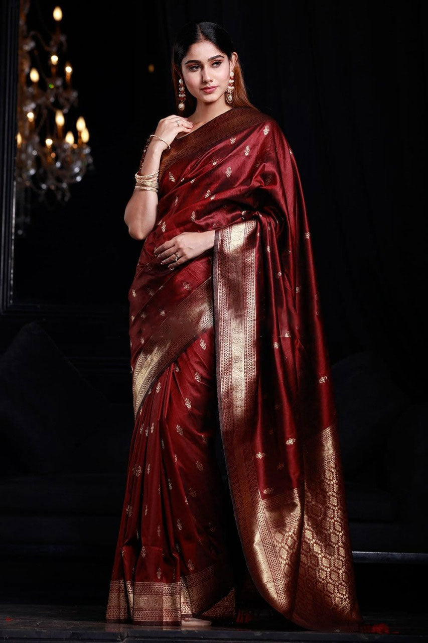 Opulent Maroon Banarasi Silk Saree With Piquant Blouse Piece