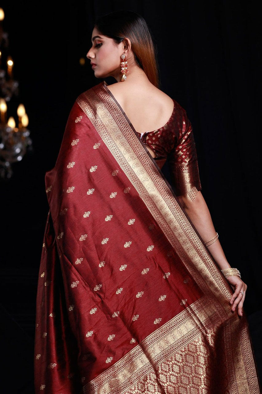 Opulent Maroon Banarasi Silk Saree With Piquant Blouse Piece