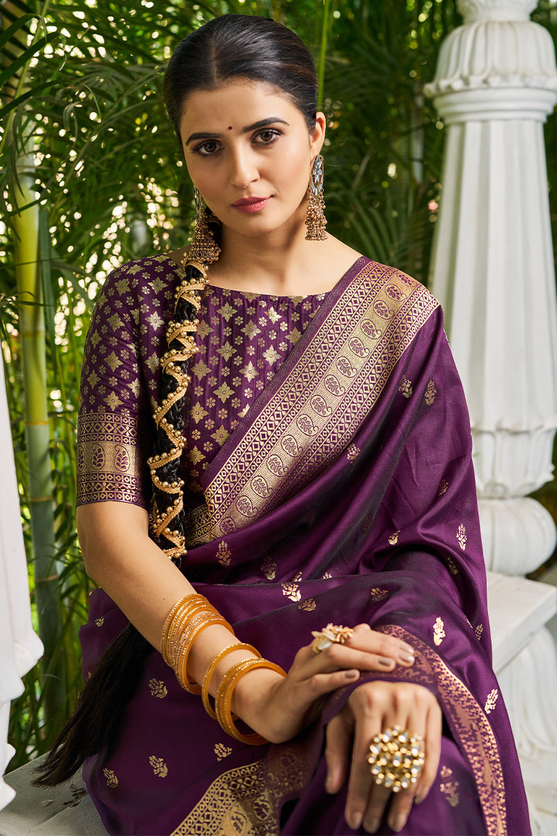 Quixotic Purple Banarasi Silk Saree With Jubilant Blouse Piece