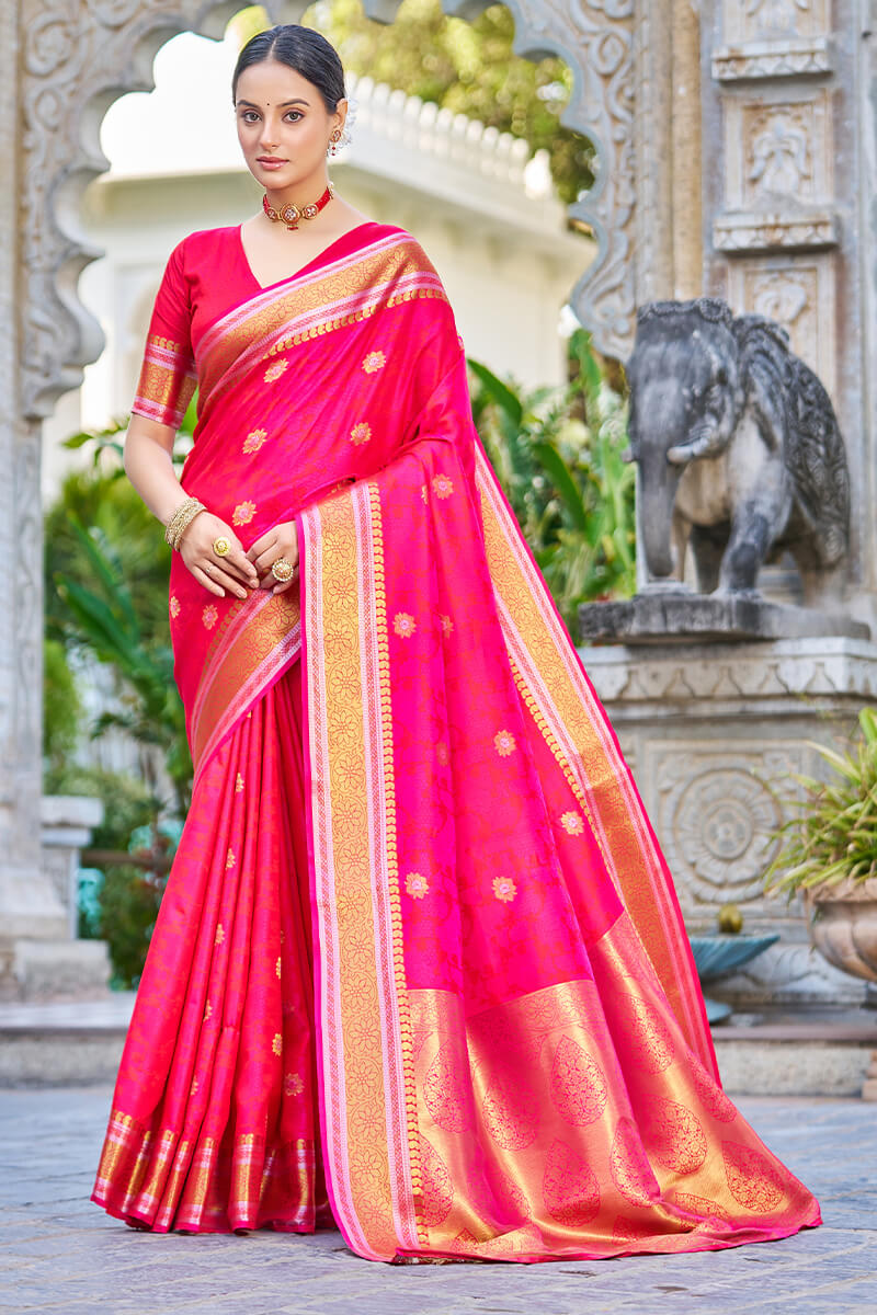 Prominent Dark Pink Kanjivaram Silk Saree With Super classy Blouse Piece