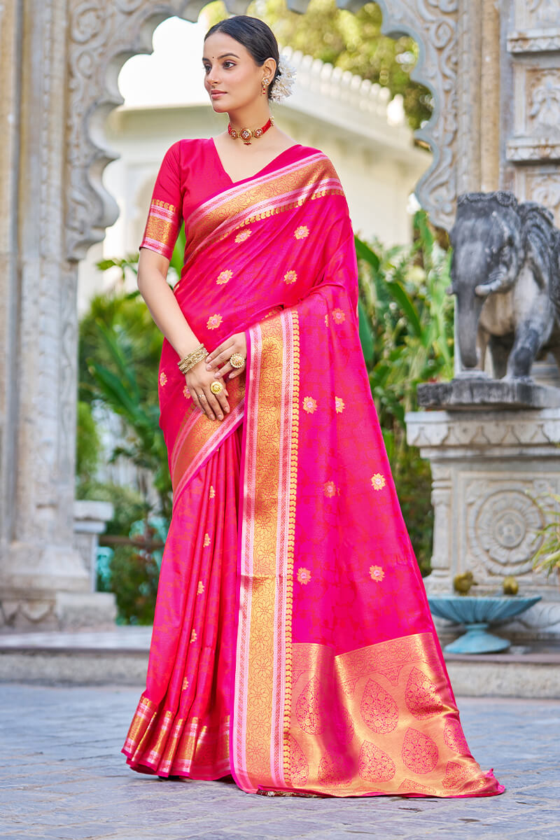 Prominent Dark Pink Kanjivaram Silk Saree With Super classy Blouse Piece