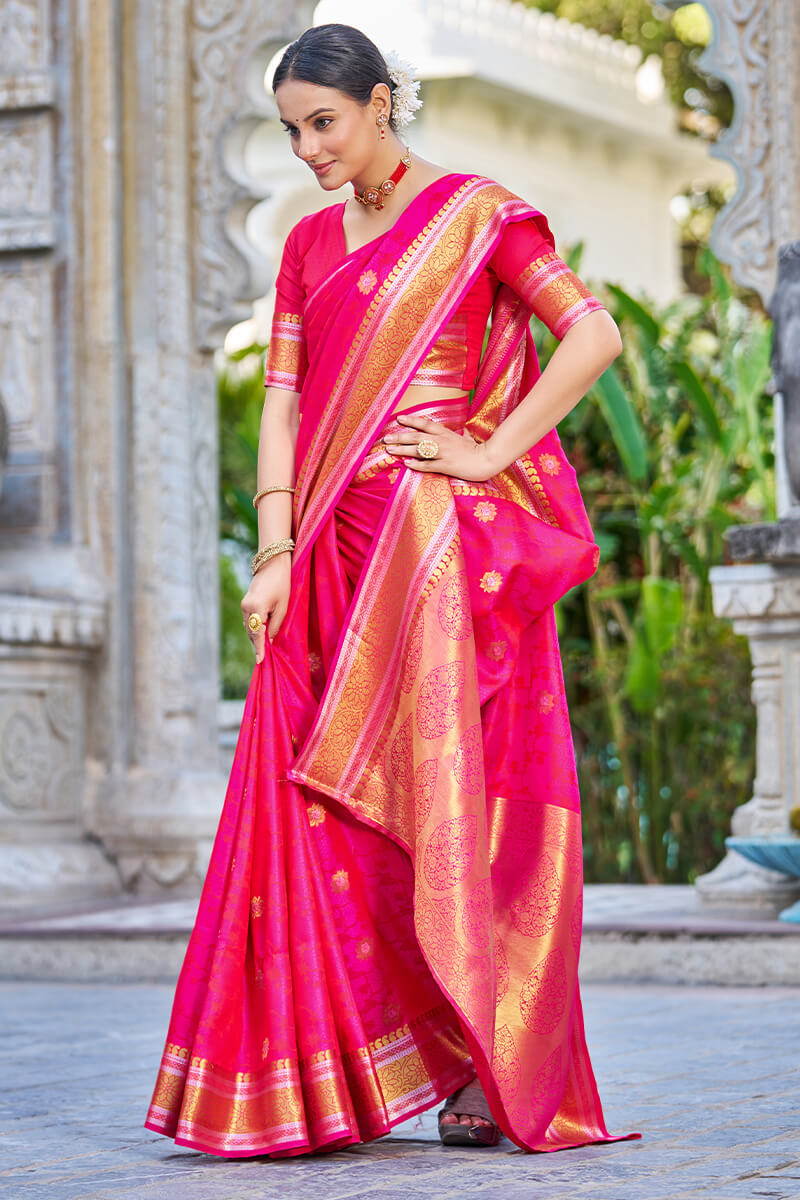 Prominent Dark Pink Kanjivaram Silk Saree With Super classy Blouse Piece