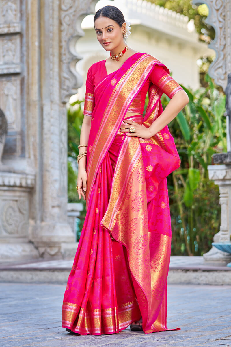 Prominent Dark Pink Kanjivaram Silk Saree With Super classy Blouse Piece