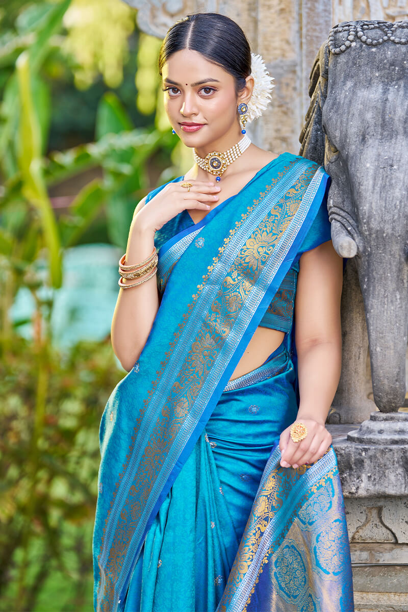 Demesne Firozi Kanjivaram Silk Saree With Angelic Blouse Piece