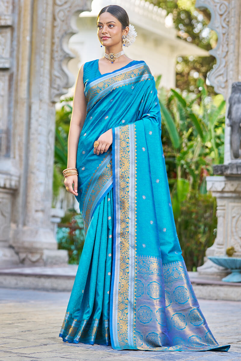 Demesne Firozi Kanjivaram Silk Saree With Angelic Blouse Piece