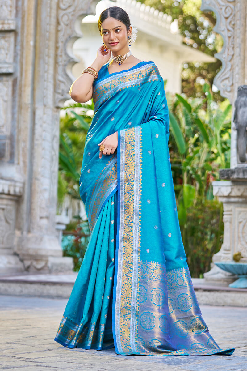 Demesne Firozi Kanjivaram Silk Saree With Angelic Blouse Piece