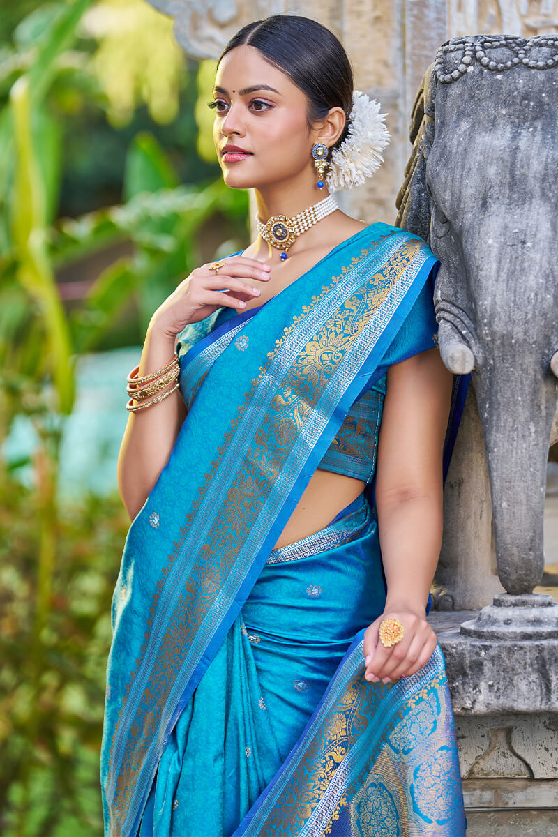 Demesne Firozi Kanjivaram Silk Saree With Angelic Blouse Piece