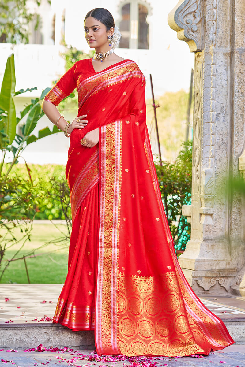 Cynosure Red Kanjivaram Silk Saree With Ideal Blouse Piece