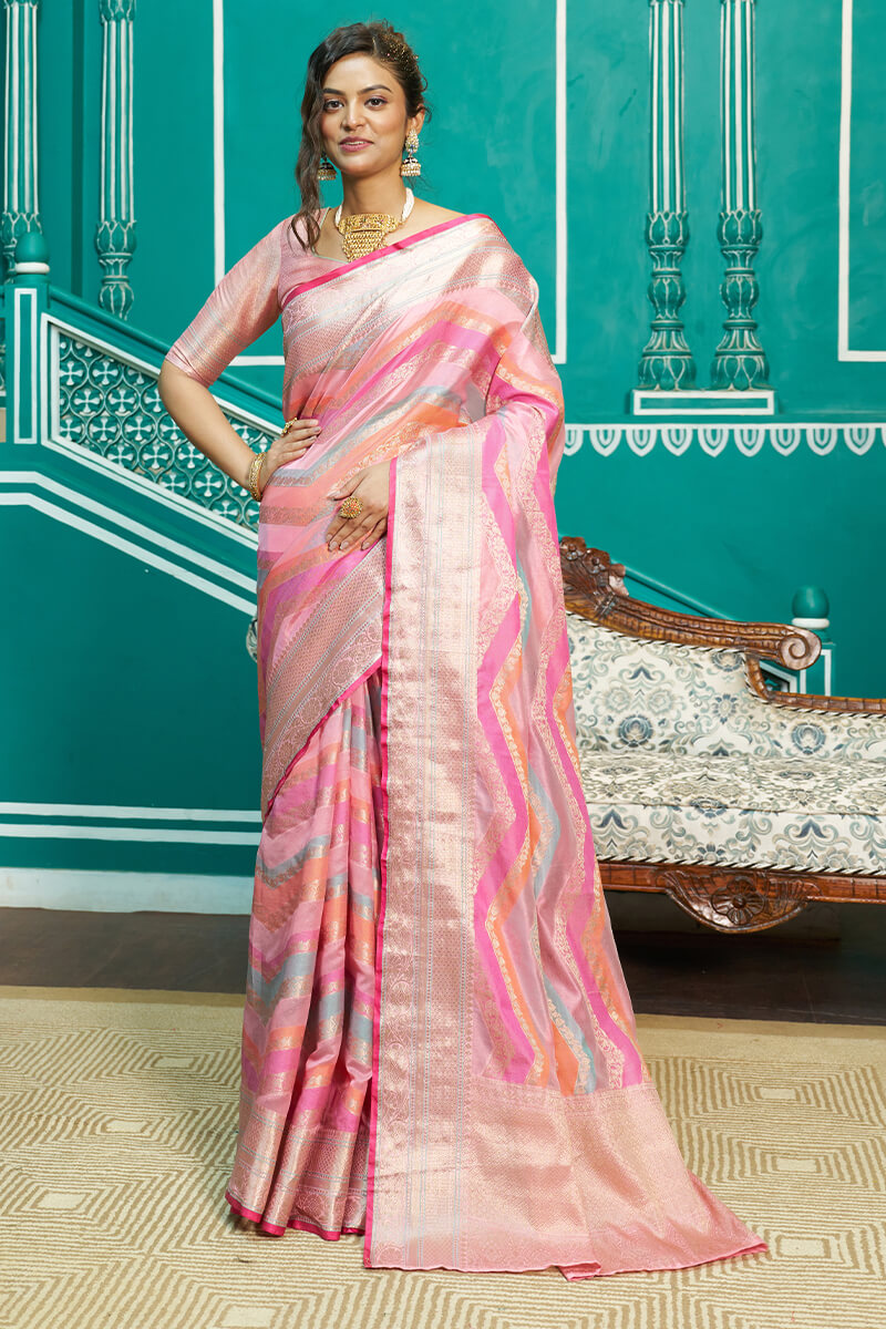 Adoring Baby Pink Organza Silk Saree With Desultory Blouse Piece