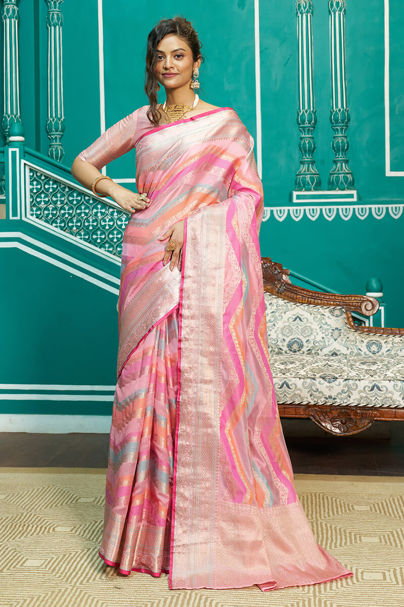 Adoring Baby Pink Organza Silk Saree With Desultory Blouse Piece