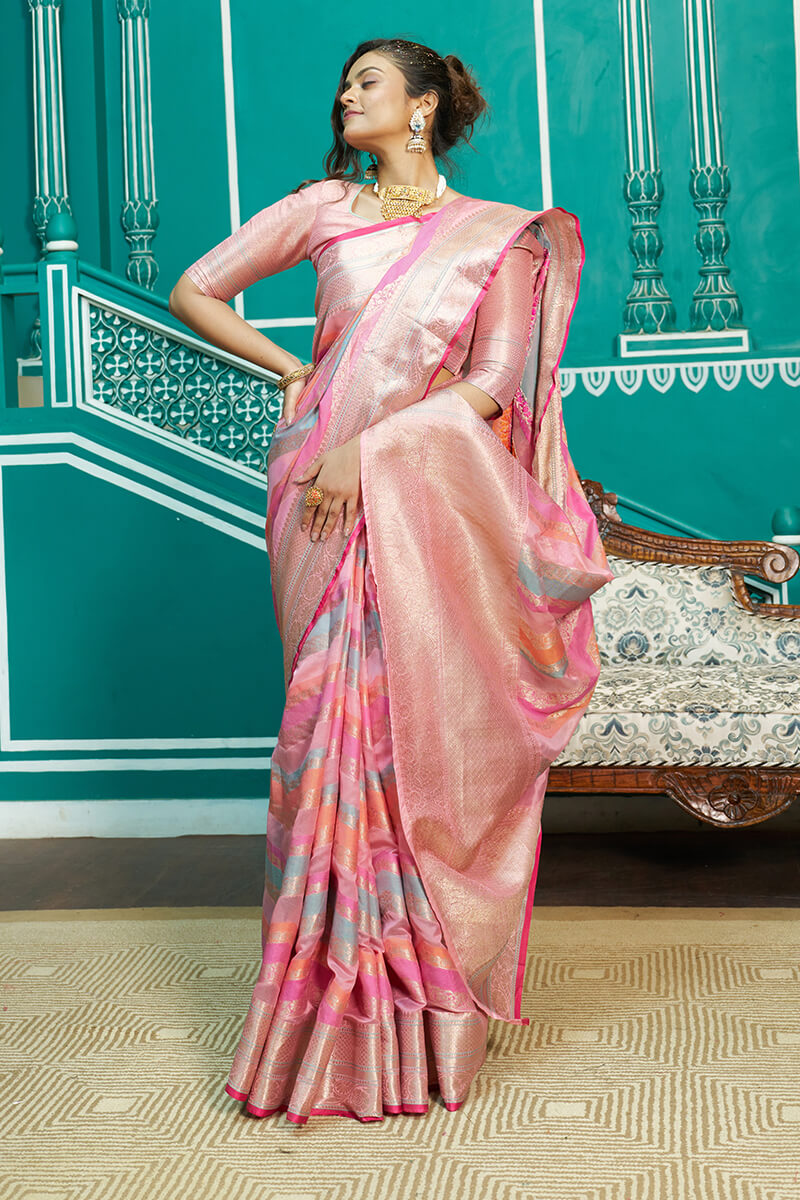 Adoring Baby Pink Organza Silk Saree With Desultory Blouse Piece