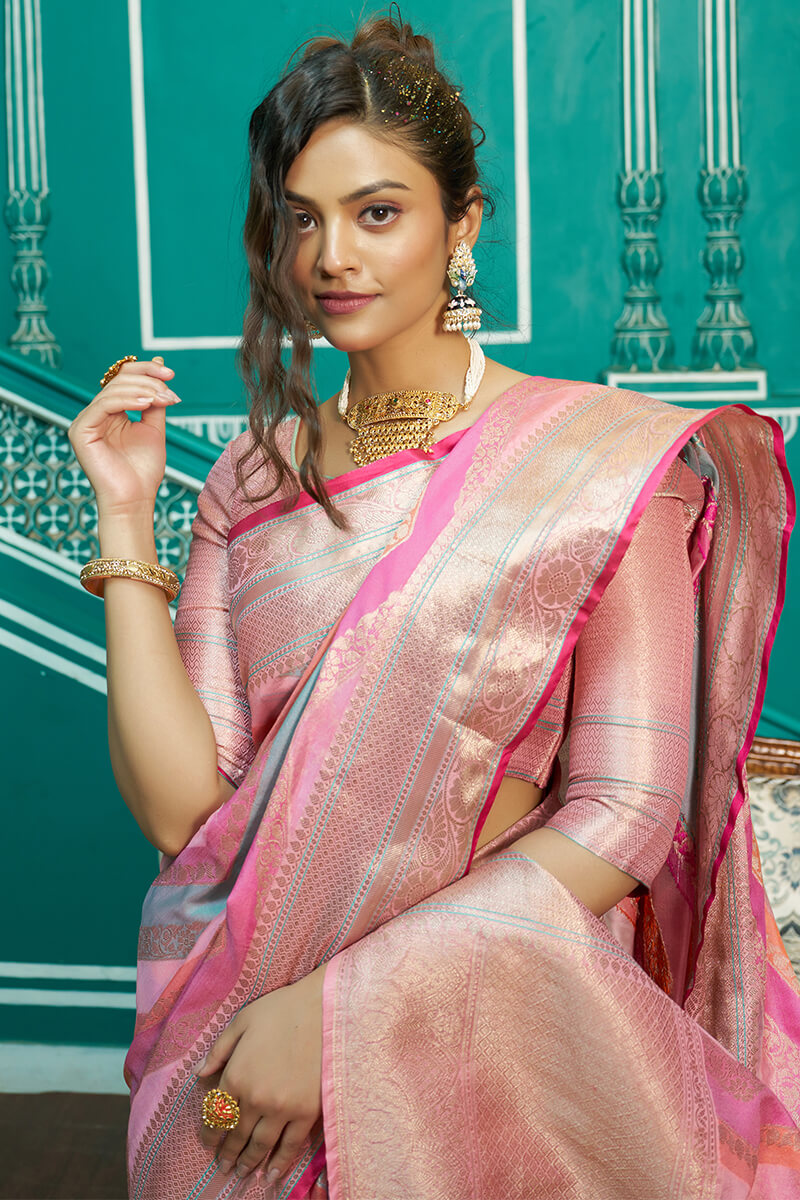 Adoring Baby Pink Organza Silk Saree With Desultory Blouse Piece