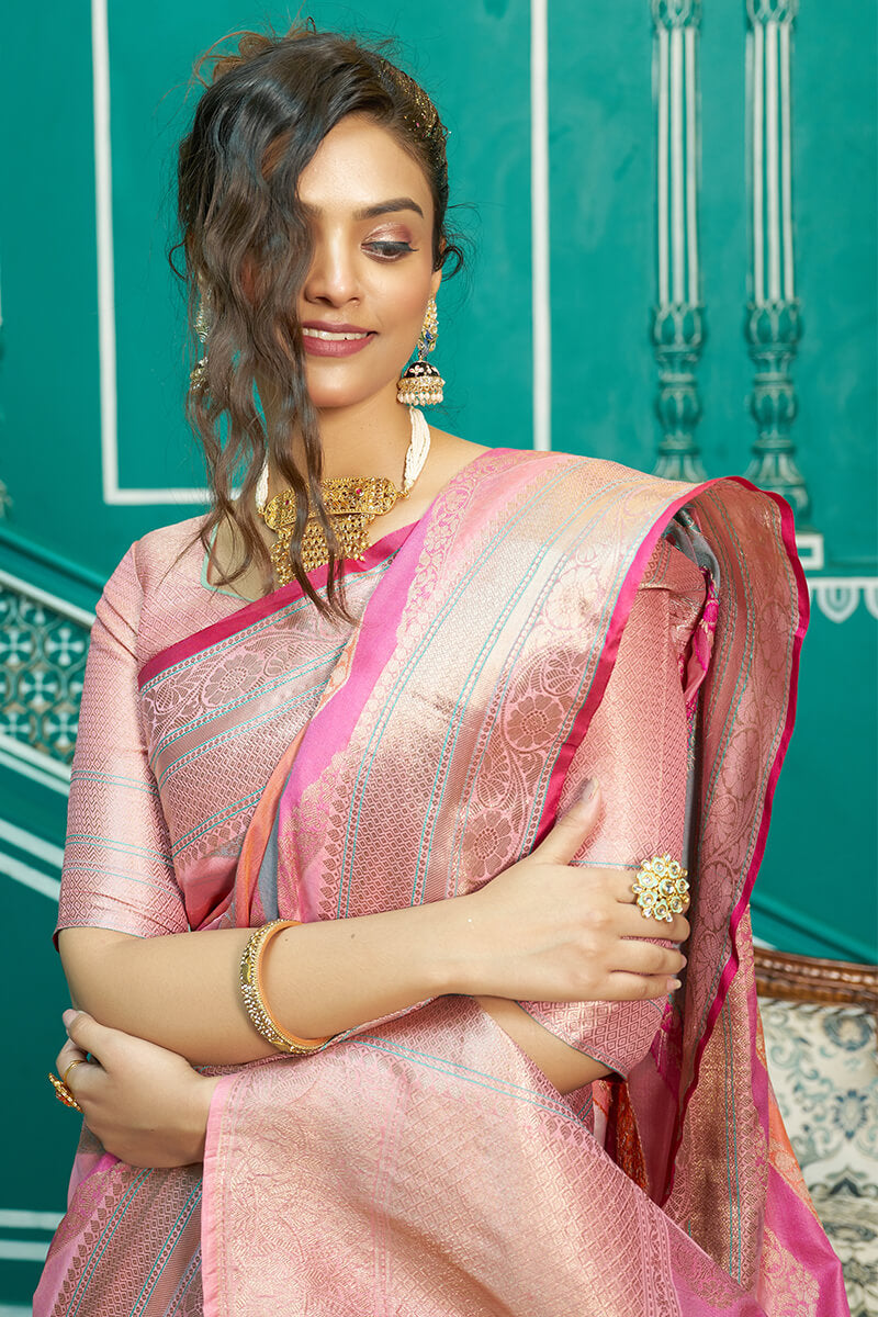 Adoring Baby Pink Organza Silk Saree With Desultory Blouse Piece