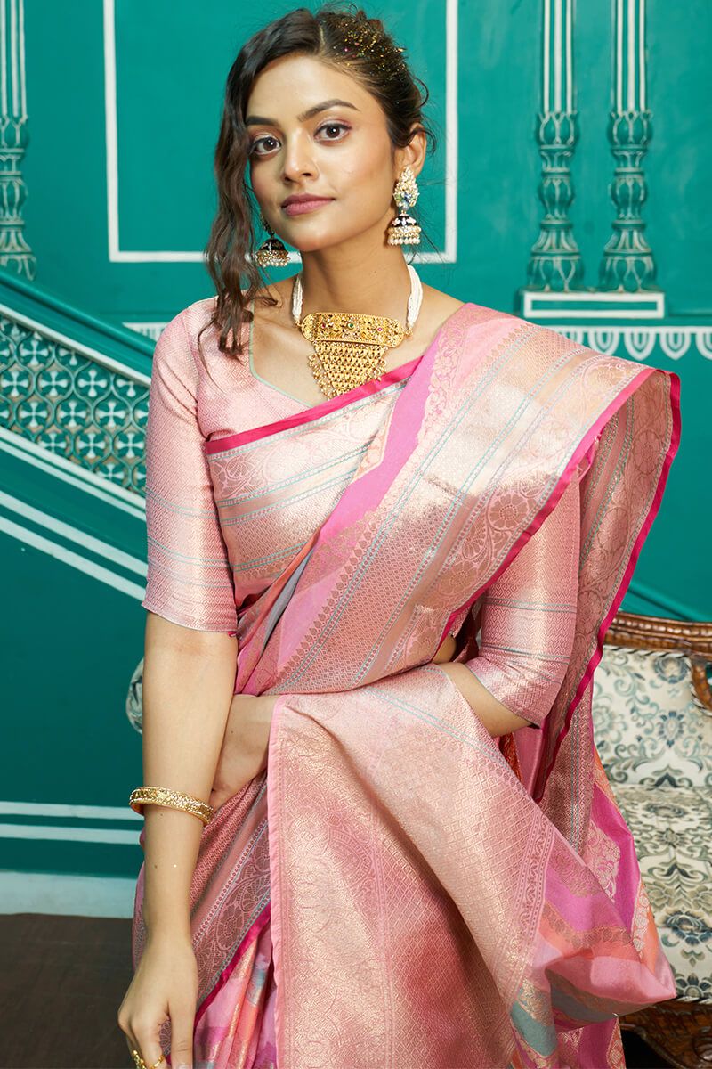 Adoring Baby Pink Organza Silk Saree With Desultory Blouse Piece