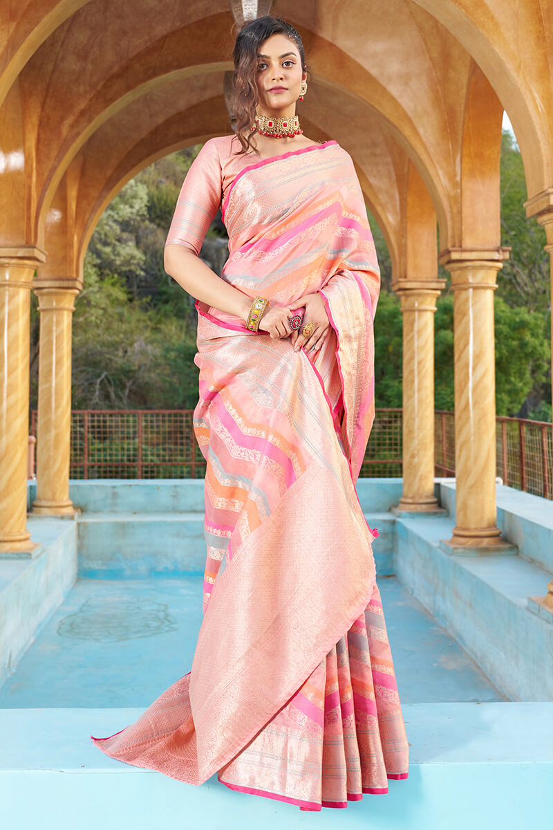 Confounding Pink Organza Silk Saree With Redolent Blouse Piece