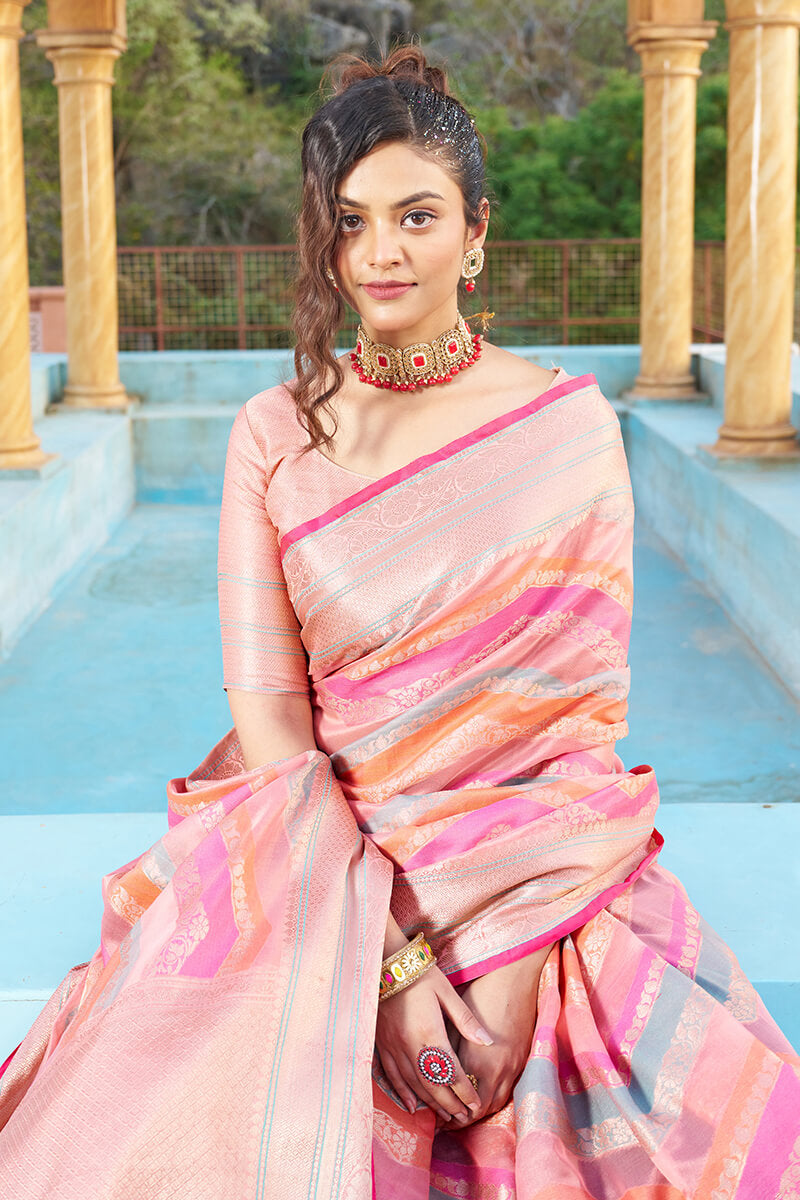 Confounding Pink Organza Silk Saree With Redolent Blouse Piece