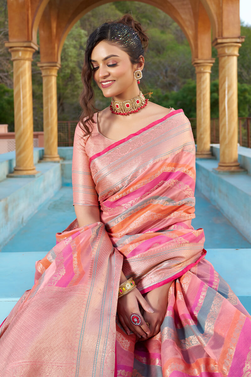 Confounding Pink Organza Silk Saree With Redolent Blouse Piece