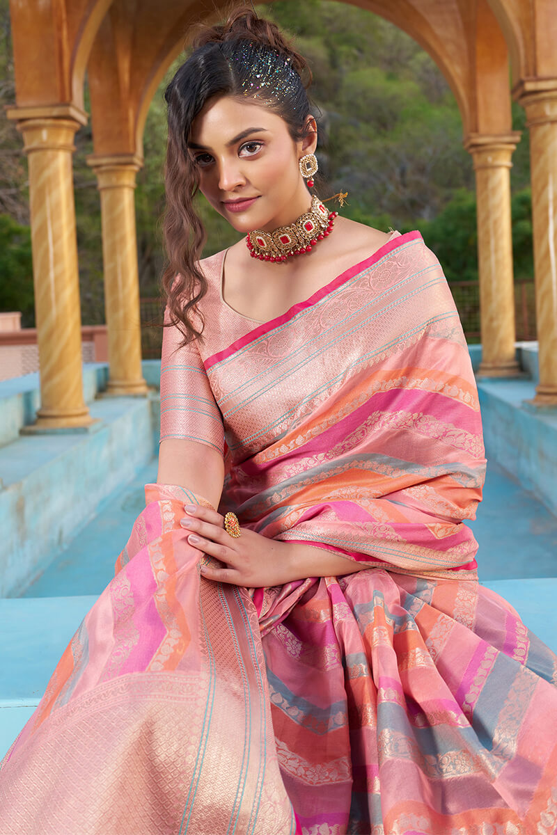 Confounding Pink Organza Silk Saree With Redolent Blouse Piece