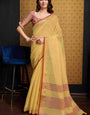 Capricious Yellow Cotton Silk Saree With Verdant Blouse Piece