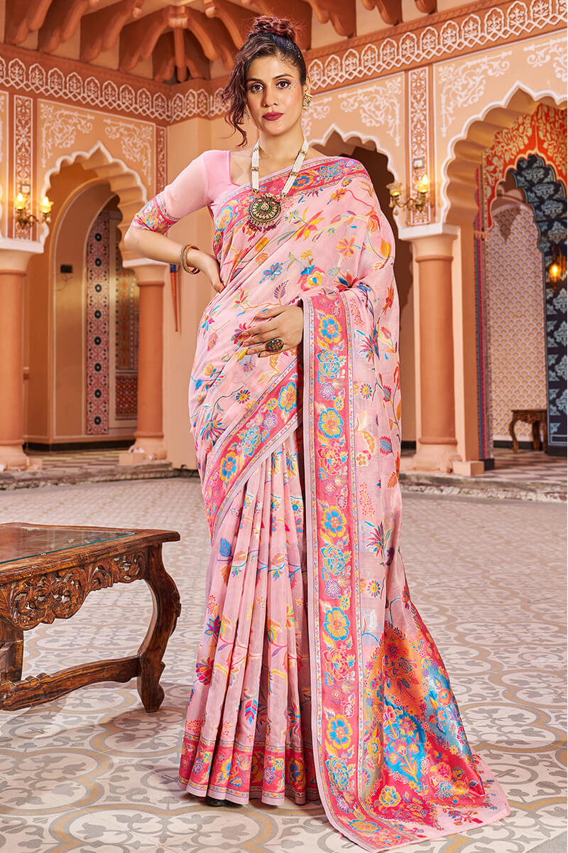 A dreamy Baby Pink Linen Silk Saree With Demesne Blouse Piece