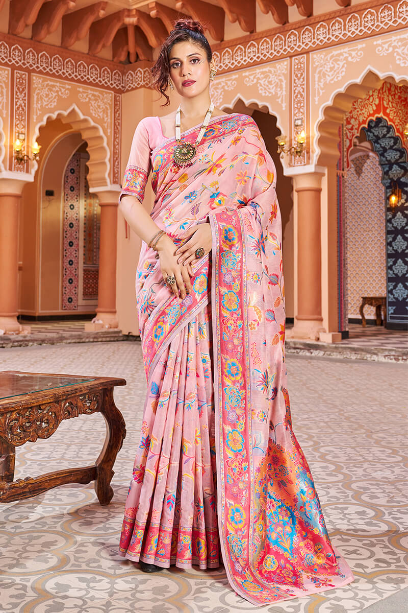 A dreamy Baby Pink Linen Silk Saree With Demesne Blouse Piece