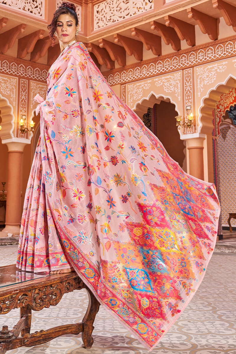 A dreamy Baby Pink Linen Silk Saree With Demesne Blouse Piece