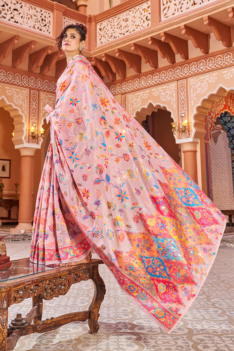 A dreamy Baby Pink Linen Silk Saree With Demesne Blouse Piece