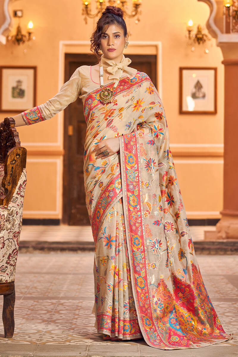 Pleasurable Beige Linen Silk Saree With Ratatouille Blouse Piece