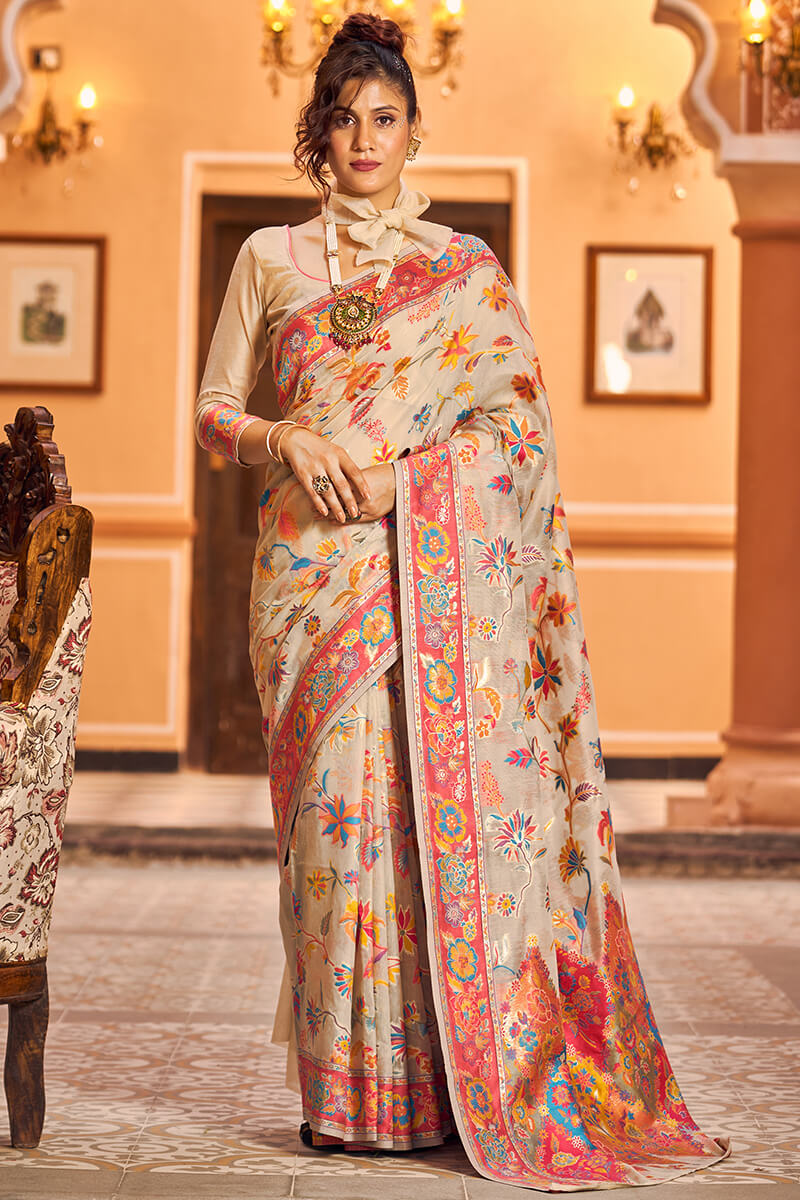 Pleasurable Beige Linen Silk Saree With Ratatouille Blouse Piece