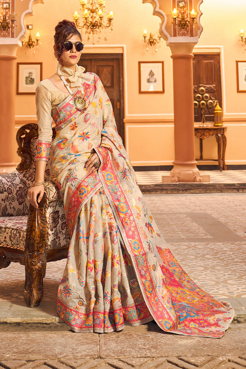 Pleasurable Beige Linen Silk Saree With Ratatouille Blouse Piece