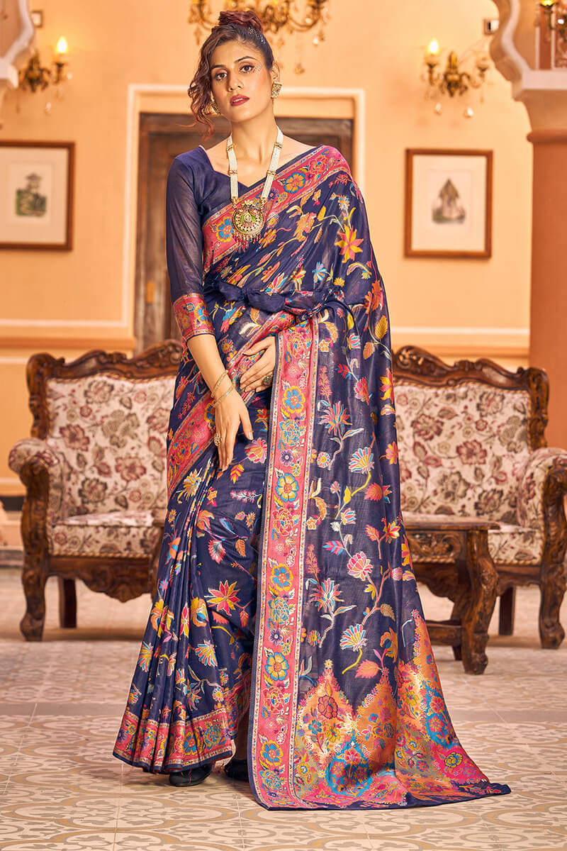 Exquisite Navy Blue Linen Silk Saree With Demure Blouse Piece