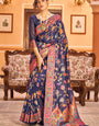 Exquisite Navy Blue Linen Silk Saree With Demure Blouse Piece