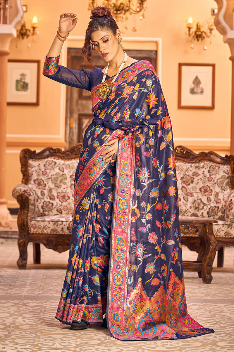 Exquisite Navy Blue Linen Silk Saree With Demure Blouse Piece